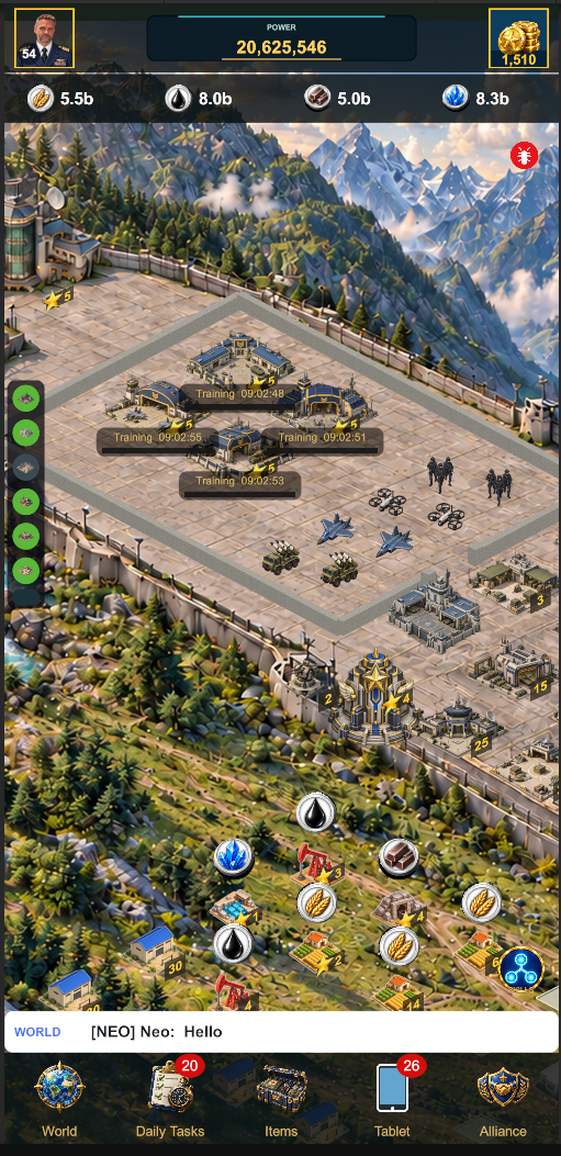 A mobile game view of a developed base with buildings, units and resource controls