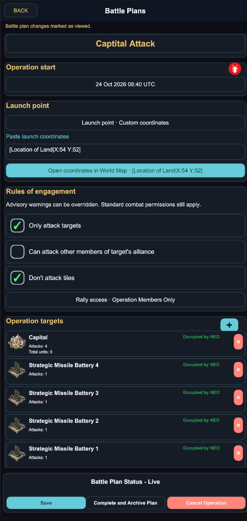 A battle plan with operation start, launch point, engagement rules and targets