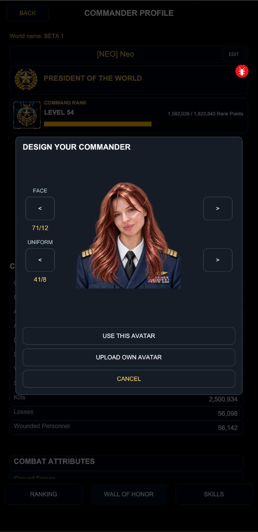 Commander profile with the character designer open, showing face and uniform controls and an option to upload a custom avatar
