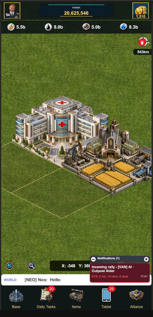World map showing public buildings and resource locations